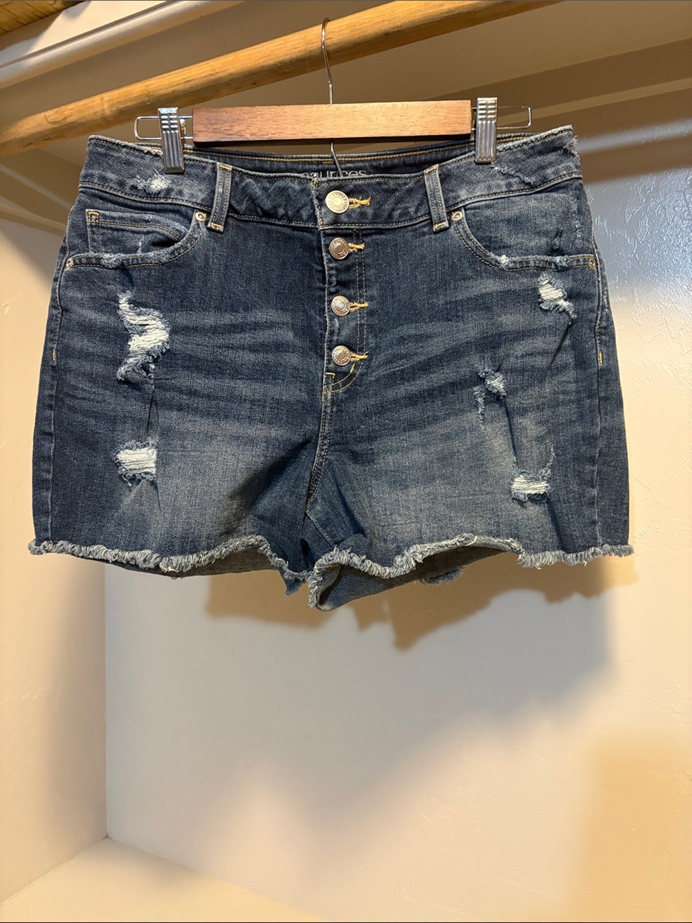 Maurices Distressed Dark Blue Denim Button-Front Shorts